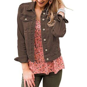 Women's Basic Long Sleeves Button Down Fitted Denim Jean Jacket Mustang Brown